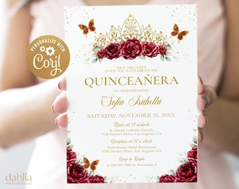 May include: A white invitation card with gold glitter and red roses. The text reads "MR. & MRS. LOPEZ INVITE YOU TO CELEBRATE THE QUINCEAÑERA OF THEIR DAUGHTER Sofia Isabella SATURDAY, NOVEMBER 26, 20XX Mass at 11 o'clock. St. Joseph Catholic Church, 3145 Doctors Drive, Los Angeles, CA Reception at 12 o'clock Palm Breeze Hotel Restaurant. 3145 Doctors Drive, Los Angeles, CA Roup to Kayla at 310-341-3368 by November 5"