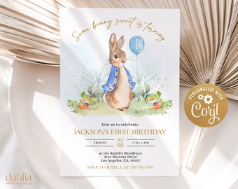 Peter Rabbit First Birthday Invitation, Editable Invite Template, Rustic Bunny, 1st Birthday, Boy Party Printable, Instant Download, Corjl