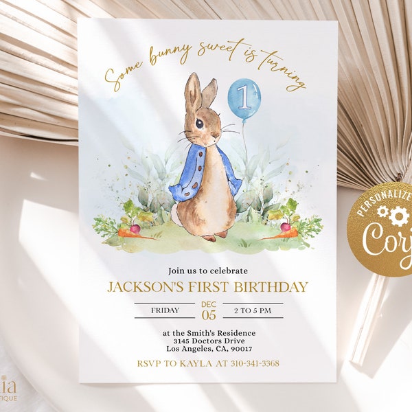 Peter Rabbit First Birthday Invitation, Editable Invite Template, Rustic Bunny, 1st Birthday, Boy Party Printable, Instant Download, Corjl