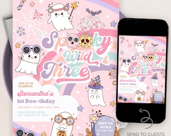May include: A pink invitation with the text "Spooky Wild & Three" and ghost illustrations. The invitation includes details for a first birthday party, with a matching design on a smartphone screen. The invitation is from Dahlia Paper Boutique.