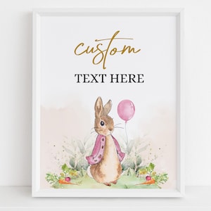 Cartello con testo personalizzato per baby shower Peter Rabbit MODIFICABILE, striscione rustico con coniglietto acquerello, brunch primaverile con palloncino rosa, download immediato BS133