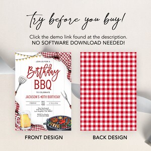 BBQ Birthday Invitation, EDITABLE Red Gingham Backyard Party Template ...