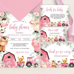 EDITABLE Farm Baby Shower Invitation Template Set, Barn Animals Baby Shower Invite, Ranch Girl Baby Shower, Floral Pink Barnyard BS114