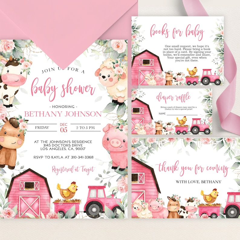 Op de afbeelding: Roze en witte babyshower uitnodiging met een boerderijthema. De uitnodiging toont een rode schuur, een tractor, een varken, een koe, een paard, een schaap en een kip. De tekst op de uitnodiging luidt "Doe mee met een babyshower ter ere van Bethany Johnson".