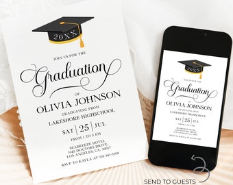 May include: Black and gold graduation invitation with a black graduation cap and the text "Join us for the Graduation of Olivia Johnson, graduating from Lakeshore Highschool, Sat | 25 | Jul, from 1 to 5 pm, Seabreeze Hotel, 3145 Doctors Drive, Los Angeles, CA, 90017, RSVP to Kayla at 310-341-3368".