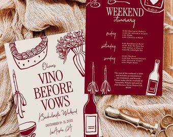 Invitación e itinerario para el fin de semana de despedida de soltera "Vino antes de los votos", plantilla original dibujada a mano para despedida de soltera, fiesta nupcial con cata de vinos, BC103