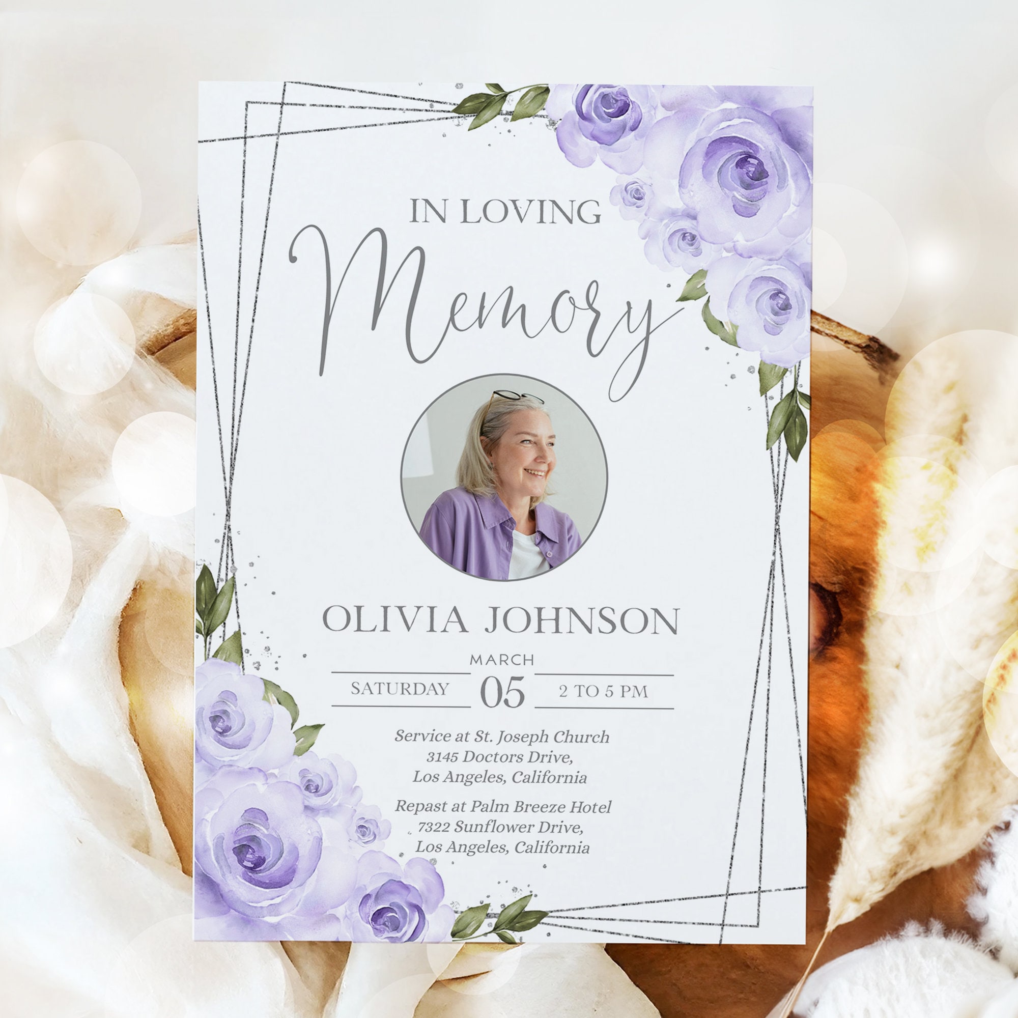 Funeral Invitation Template, Editable Lilac Purple Floral Funeral ...