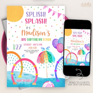 May include: A colorful invitation for a 3rd birthday party with a pool theme. The invitation features a watercolor illustration of a rainbow umbrella, water slides, and a beach ball. The text on the invitation reads "Splish! Splash! It's Madison's 3rd Birthday Bash!" and includes the date, time, and location of the party.
