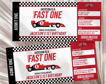 Racing 1st Birthday Ticket Invitation, Red Racecar Ticket Kid Invite Template, Fast One, Digital Editable Printable, Instant Download, KP055