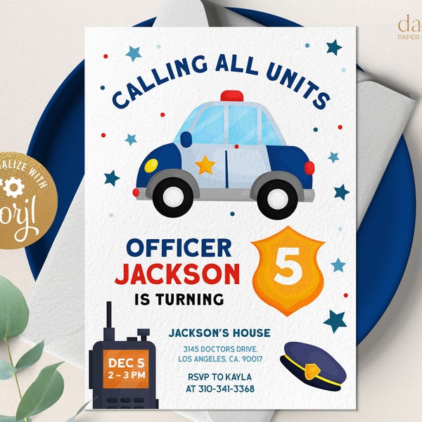 Police Birthday Invitation, EDITABLE Cop Car Party Invite Template, Boys Birthday, Police Officer, Calling All Units, Instant Download KP091