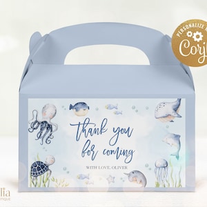 Onder de Sea Gable Box Label Template, Bewerkbare Ocean Animals Party Sticker, Blue Under The Sea Verjaardagslabel, Instant Download, KP095