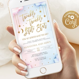 Modello di invito per rivelazione del sesso del bambino Twinkle Twinkle Little Star, modello di invito per festa con luna e stelle dorate MODIFICABILE, lui o lei, ragazzo o ragazza, GR008