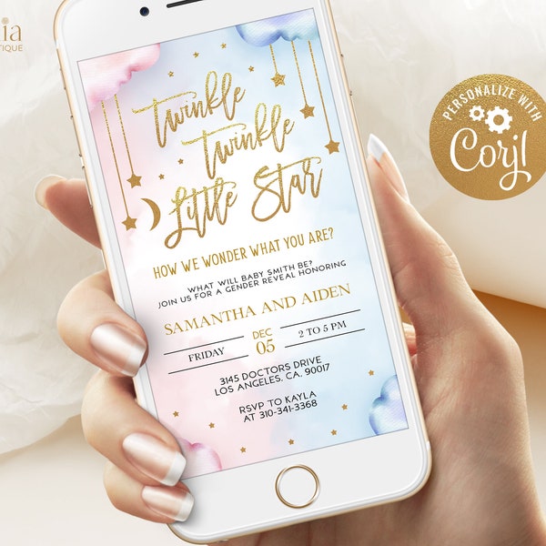 Twinkle Twinkle Little Star Gender Reveal Evite Template, EDITABLE Gold Moon and Stars Party Invite Template, He Or She, Boy Or Girl, GR008