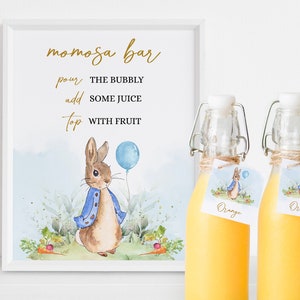 EDITABLE Peter Rabbit Baby Shower Mom-osa Bar Sign, Rustic Bunny Acquerello Mimosa Bar Banner, Blue Spring Brunch, Download istantaneo BS133
