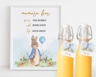 EDITABLE Peter Rabbit Baby Shower Mom-osa Bar Sign, Rustic Bunny Watercolor Mimosa Bar Banner, Blue Spring Brunch, Instant Download BS133