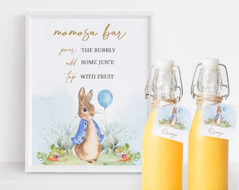 EDITABLE Peter Rabbit Baby Shower Mom-osa Bar Sign, Rustic Bunny Watercolor Mimosa Bar Banner, Blue Spring Brunch, Instant Download BS133