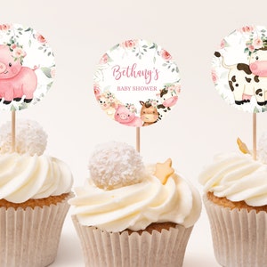 EDITABLE SET OF 6 Farm Cupcake Toppers, Barnyard Animals Baby Shower, Ranch Baby Shower, Pink Floral Barnyard Animal, Instant Download BS114