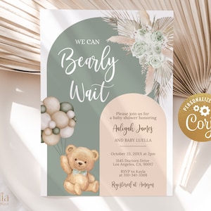 Wir können Bärenbabyparty-Einladung warten, EDITIERBARE Teddybär-Bogen-Party einladen, salbeigrüner Boho Aquarell-Bär, Heißluftballons, BS192