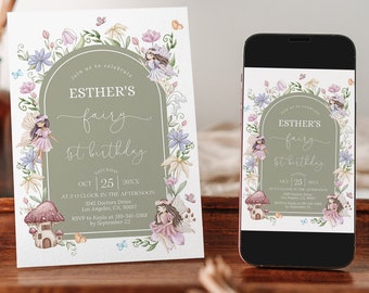 May include: A green and white invitation card with a floral border and a fairy illustration. The text on the card reads "Join us to celebrate Esther's fairy 1st birthday" and includes the date, time, and location of the event.