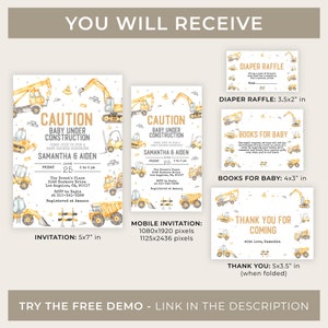 Pu&ograve; includere: Un set di inviti per baby shower e biglietti coordinati con un tema di costruzione. L'invito misura 12,7 cm x 17,8 cm e presenta veicoli da costruzione gialli e il testo "Caution Baby Under Construction". Altre carte includono una lotteria pannolini, libri per bambini e biglietti di ringraziamento.