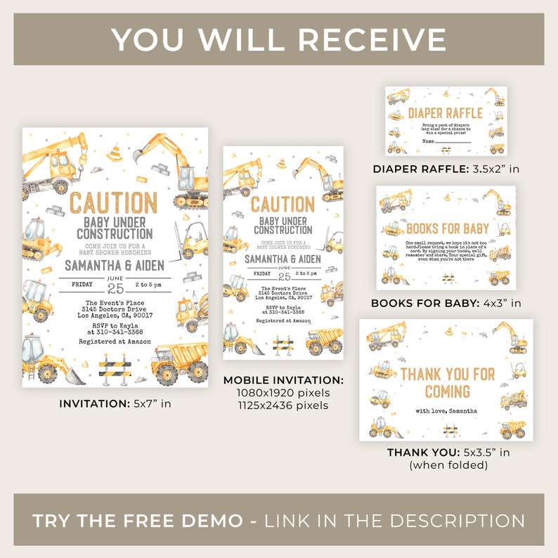 Pu&ograve; includere: Un set di inviti per baby shower e biglietti coordinati con un tema di costruzione. L'invito misura 12,7 cm x 17,8 cm e presenta veicoli da costruzione gialli e il testo "Caution Baby Under Construction". Altre carte includono una lotteria pannolini, libri per bambini e biglietti di ringraziamento.