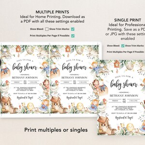 May include: A baby shower invitation with a watercolor illustration of a woodland scene. The invitation features a clock, a birdhouse, a boot, and a moon. The text on the invitation reads "Join us for a baby shower honoring Bethany Johnson".