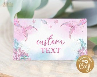 Mermaid Food Labels Template, Under The Sea Place Card, Magical Pink and Gold Tent Card, Tween Girl Birthday Decor, Instant Download KP031