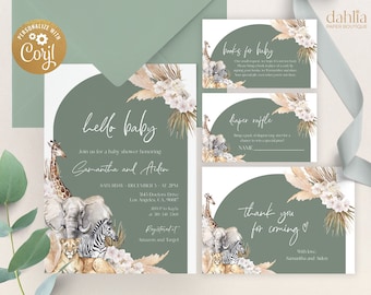 May include: A green and white baby shower invitation with a jungle theme. The invitation features a giraffe, elephant, zebra, and lion. The text on the invitation reads "hello baby", "Samantha and Aiden", "Saturday, December 5 - at 2 PM", "3145 Doctors Drive", "Los Angeles, CA 90017", "RSVP to Kayla", "340-341-3368", "Registered at Amazon and Target".