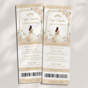 Champagner-, Creme- und Gold-Quinceamaßa-Tiara-Einladung, EDITIERBARE Mis Quince Anos-Vorlage, Schmetterlings-Blumen-Einladung zum 15. Geburtstag, Q044