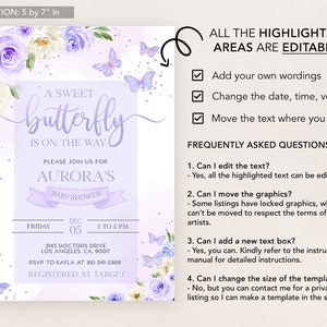 EDITABLE Butterfly Baby Shower Invitation, Magical Garden Invite Template, Floral Lilac Purple and Gold Girl Party Instant Download BS130 image 3