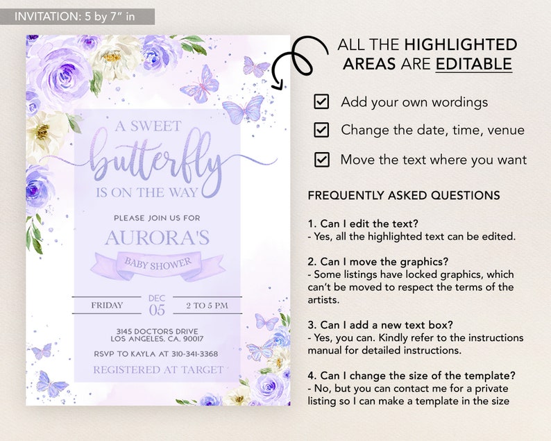EDITABLE Butterfly Baby Shower Invitation, Magical Garden Invite Template, Floral Lilac Purple and Gold Girl Party Instant Download BS130 image 3
