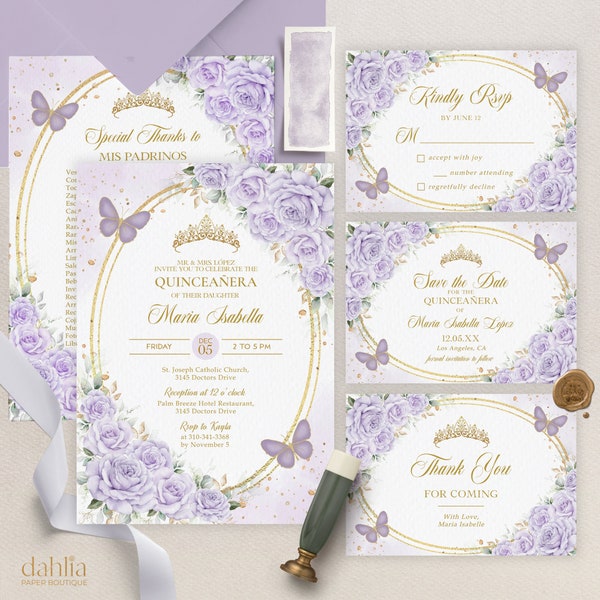 Quinceañera Invitation Suite, Lavender Purple and Gold Save the Date RSVP, EDITABLE 15th Birthday Bundle, Floral Mis Quince Anos Set, Q031