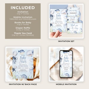 May include: A set of printable baby shower invitations with a nautical theme. The invitations feature an octopus, a pufferfish, a whale, and a jellyfish in shades of blue and gray. The text on the invitations reads "Baby Shower" and "Astoria Smith".