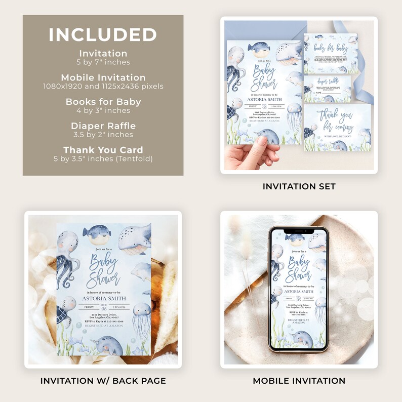 May include: A set of printable baby shower invitations with a nautical theme. The invitations feature an octopus, a pufferfish, a whale, and a jellyfish in shades of blue and gray. The text on the invitations reads "Baby Shower" and "Astoria Smith".