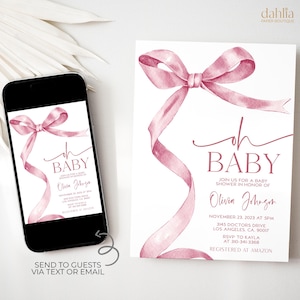 Blush Pink Bow Baby Shower Invitation, Editable Coquette Baby Sprinkle Template, Elegant Dainty Pink Ribbon Gender Reveal Party Invite BS267