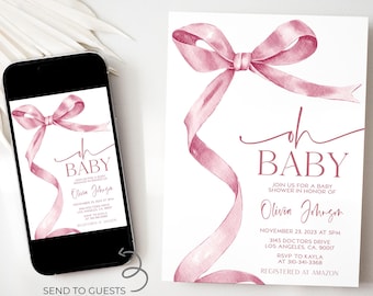 Invito per baby shower con fiocco rosa cipria, modello modificabile Coquette Baby Sprinkle, elegante invito per festa di rivelazione del sesso con nastro rosa delicato BS267