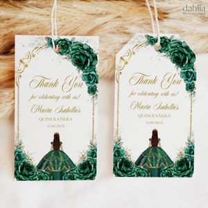 Emerald Green and Gold Quinceañera Thank You Gift Tag, Editable Mis Quince Anos Giveaway, 15th Birthday Party Favor, Printable Label, Q038