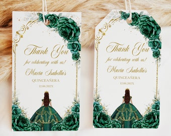 May include: Two green and gold thank you tags with a floral design and a silhouette of a girl in a green dress. The text on the tags reads "Thank You for celebrating with us! Maria Isabella's Quinceañera 12.06.202X".