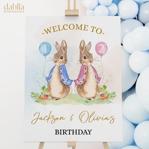 Cartello di benvenuto per il compleanno congiunto di Peter Rabbit, modello di banner modificabile, coniglietto rustico, festa combinata per ragazzo e ragazza, stampabile, download istantaneo KP059