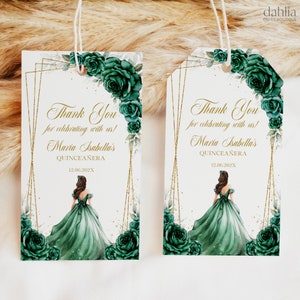 Emerald Green and Gold Quinceañera Thank You Gift Tag, Editable Mis Quince Anos Giveaway, 15th Birthday Party Favor, Printable Label, Q040