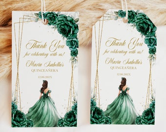May include: Two green and gold thank you tags with a floral design and a girl in a green dress. The text on the tags reads "Thank You for celebrating with us! Maria Isabella's Quinceañera 12.06.202X".