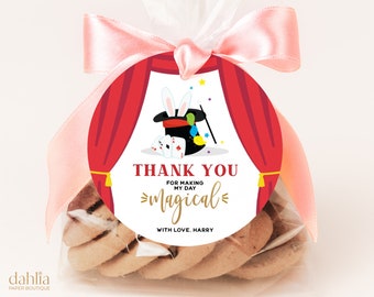 May include: Round thank you favor tag with a red and white magician theme. The tag features a magician's hat with a rabbit peeking out, playing cards, and a red curtain. The text reads "Thank You for making my day magical" with "With love, Harry" at the bottom.