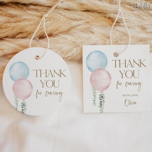 Étiquette cadeau Merci d'avoir venu, ballon bleu et rose sexe, cadeau minimaliste modifiable eucalyptus, shower de bébé lui ou elle, GR041