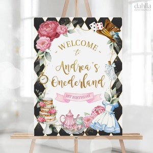 Alice im Wunderland Willkommensschild zum ersten Geburtstag, EDITIERBARE Skurrile Mad Tea Party Dekor Vorlage, Onederland Girl, Sofort Download, KP191