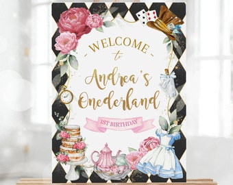 Alice in Wonderland First Birthday Welcome Sign, EDITABLE Whimsical Mad Tea Party Decor Template, Onederland Girl, Instant Download, KP191
