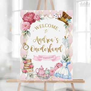 Alice in Wonderland First Birthday Welcome Sign, EDITABLE Whimsical Mad Tea Party Decor Template, Onederland Girl, Instant Download, KP191