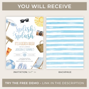 Peut inclure: Une invitation sur le th&egrave;me de la plage &agrave; rayures bleues et blanches avec un fond aquarelle. L'invitation dit "Splish Splash It's a Beach Bash!" et comprend des d&eacute;tails pour une f&ecirc;te d'anniversaire. L'invitation mesure 5x7 pouces.