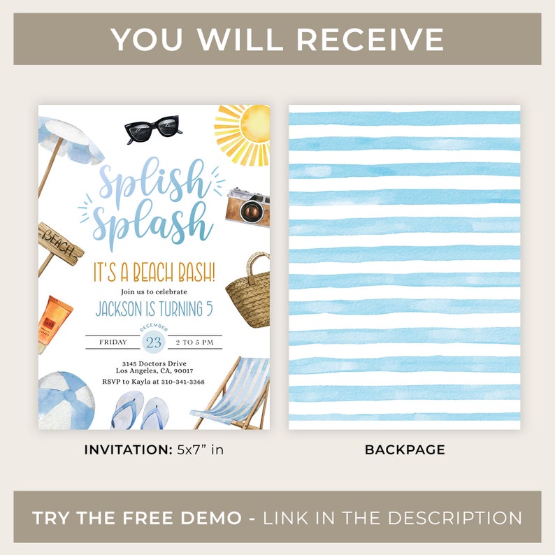 Peut inclure: Une invitation sur le th&egrave;me de la plage &agrave; rayures bleues et blanches avec un fond aquarelle. L'invitation dit "Splish Splash It's a Beach Bash!" et comprend des d&eacute;tails pour une f&ecirc;te d'anniversaire. L'invitation mesure 5x7 pouces.