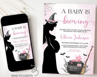 May include: A baby shower invitation with a witch theme. The invitation features a silhouette of a pregnant woman wearing a witch hat, with the text "A Baby is Brewing." The invitation is pink and black, with bats and a cauldron.