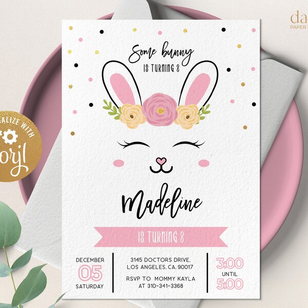 Bunny Ears Birthday Invitation, EDITABLE Easter Rabbit Party Invite Template, Some Bunny Is Turning, Baby Pink Girl, Instant Download KP101